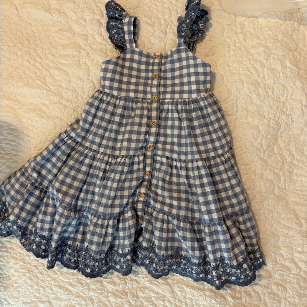 Shabby Chic 3T Blue Gingham Dress with Lace Trim and button front.